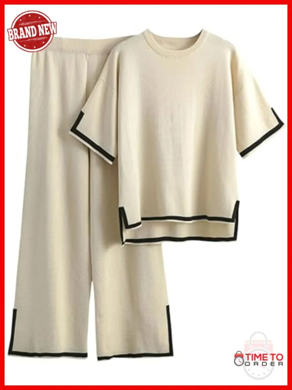 Knit 2 Piece Lounge Set Short Sleeve Pullover Wide Leg Pants